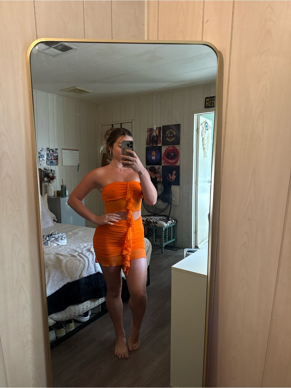 Orange Strapless Ruffle Front Mini Skirt and Top